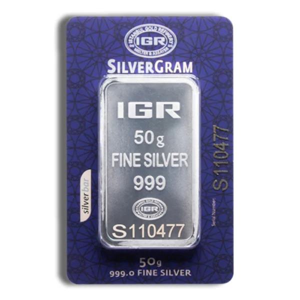 50g IGR silver bar featuring 999 fine silver purity, presented in a blue packaging with the IGR logo and serial number S110477. Ideal for investment and collection.