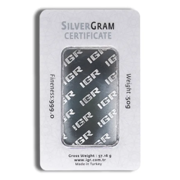 50g silver ingot certificate from IGR, featuring 99.0% fineness, with gross weight of 57.16g, made in Turkey.