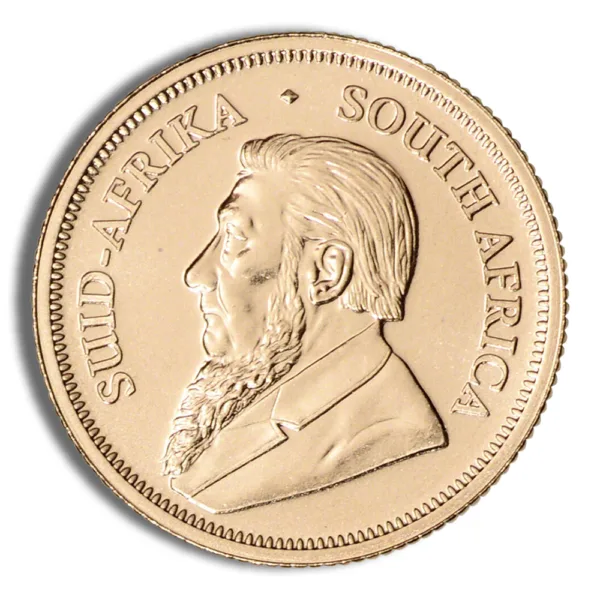 Gold South African Krugerrand coin featuring the profile of Paul Kruger, a historical figure in South African history, with inscriptions in Afrikaans and English.