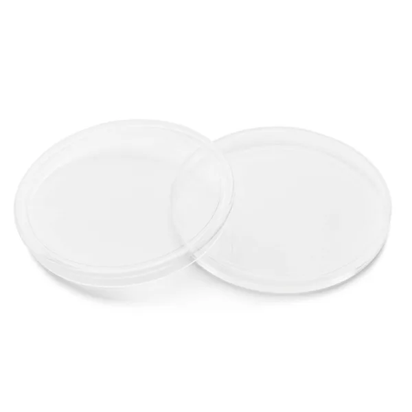 Two clear, round glass plates stacked on top of each other, ideal for serving food or desserts.