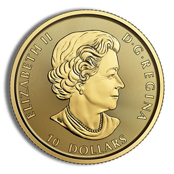 Gold coin featuring a profile of Queen Elizabeth II, inscribed with "ELIZABETH II D.G. REGINA" and the denomination "10 DOLLARS."