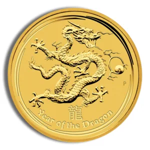 Gold coin featuring a dragon design, symbolizing the Year of the Dragon in Chinese culture, with intricate detailing and a shiny finish.