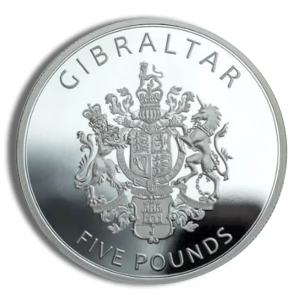 Silver coin featuring the coat of arms of Gibraltar with the inscription "Gibraltar" and "Five Pounds."