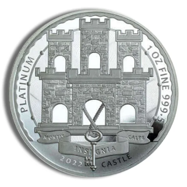 Platinum coin featuring a castle design, marked with "1 oz Fine 9995 Platinum," highlighting its purity and weight.
