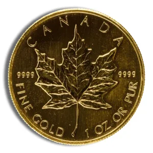 Gold Canadian Maple Leaf coin featuring a detailed maple leaf design, marked with "9999" for purity, "FINE GOLD," and "1 OZ OR PUR," representing one ounce of pure gold.