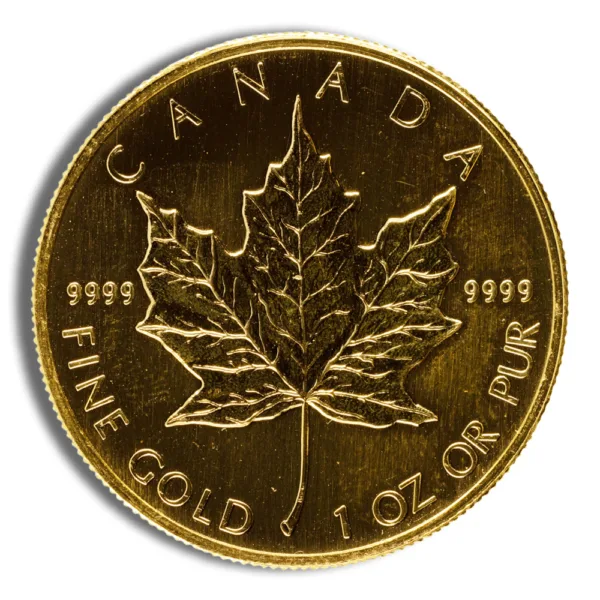 Gold Canadian Maple Leaf coin featuring a detailed maple leaf design, marked with "9999" for purity, "FINE GOLD," and "1 OZ OR PUR," representing one ounce of pure gold.