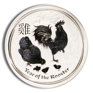 Illustration of a coin featuring a rooster and chicks, symbolizing the Year of the Rooster in the Chinese zodiac, with Chinese characters for "rooster" and the phrase "Year of the Rooster."