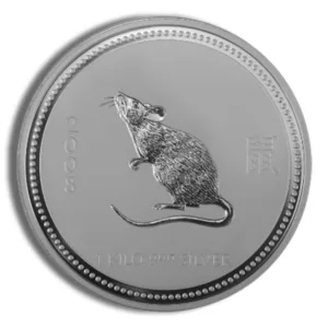 Silver coin featuring a detailed engraving of a rat, symbolizing the Year of the Rat in the Chinese zodiac, with a smooth, polished finish.
