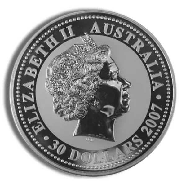 Silver coin featuring a profile of Queen Elizabeth II, inscribed with "Elizabeth II Australia 2007" and "30 Dollars," showcasing its design and denomination.