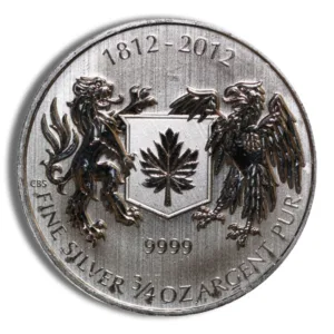 Silver commemorative coin from 1812-2012 featuring a maple leaf and two heraldic animals, marked "Fine Silver 1/4 Oz Argent Pur" and "9999" for purity.