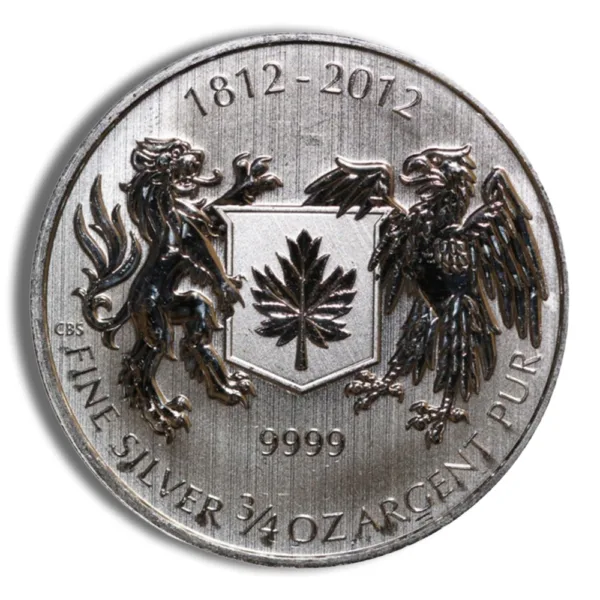 Silver commemorative coin from 1812-2012 featuring a maple leaf and two heraldic animals, marked "Fine Silver 1/4 Oz Argent Pur" and "9999" for purity.