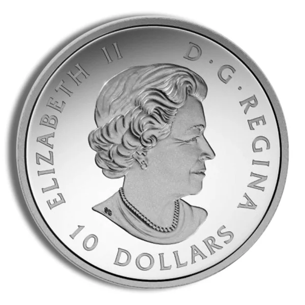Silver Canadian coin featuring a profile of Queen Elizabeth II, inscribed with "D.G. Regina" and "10 Dollars."