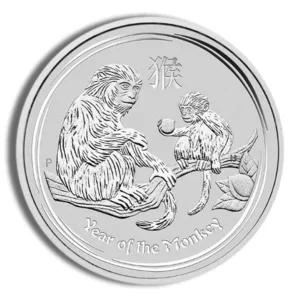 Silver coin featuring a monkey and a baby monkey, symbolizing the Year of the Monkey in the Chinese zodiac, with intricate detailing.