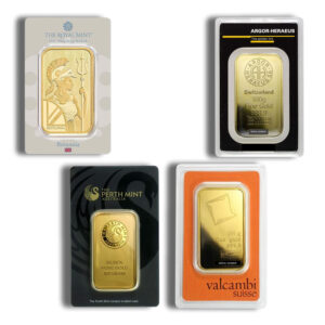 Image of four gold bullion bars from reputable mints, including The Royal Mint's Britannia, Argor-Heraeus from Switzerland, The Perth Mint from Australia, and Valcambi Suisse, each showcasing their unique packaging and specifications.