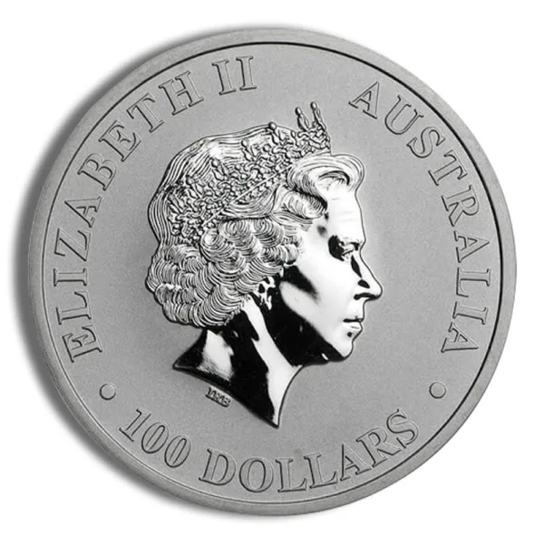 Silver Australian coin featuring a profile of Queen Elizabeth II, inscribed with "ELIZABETH II," "AUSTRALIA," and "100 DOLLARS."