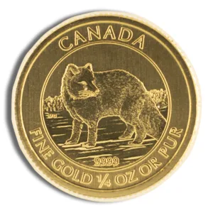Gold coin featuring a Canadian fox design, with inscriptions "Canada" and "Fine Gold 1/4 oz Pure," showcasing its value and origin.