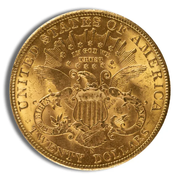 Gold twenty-dollar coin featuring the inscription "United States of America" and the phrase "In God We Trust," along with an eagle and shield design, symbolizing American heritage and currency.