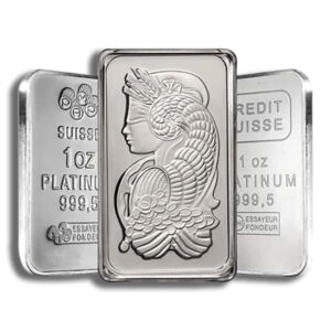 Platinum bullion bar featuring an elegant design with a profile of a woman, weighing 1 ounce and marked with purity of 999.5, produced by a Swiss mint.