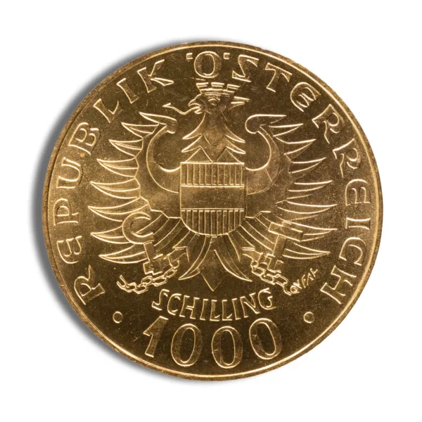 Austrian 1000 Schilling coin featuring the national coat of arms, symbolizing the Republic of Austria.