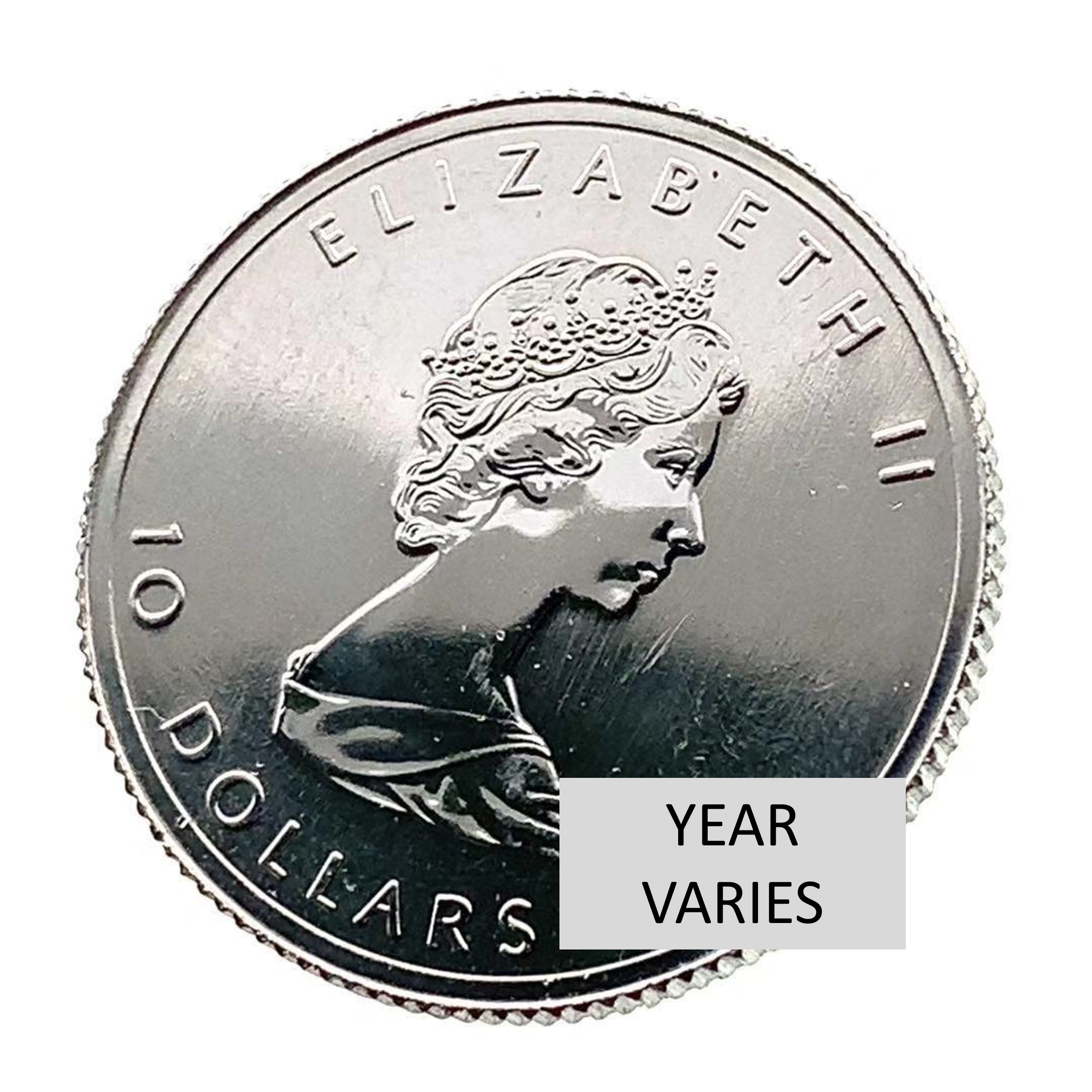 Silver coin featuring the profile of Queen Elizabeth II, marked with "10 Dollars" and the inscription "YEAR VARIES," representing different mint years.