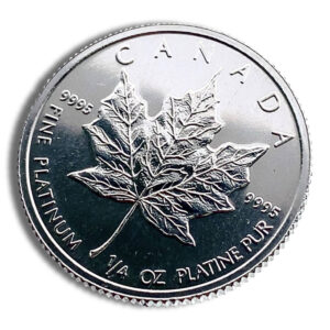 Platinum coin featuring a Canadian maple leaf design, labeled "Canada," with inscriptions indicating it is made of fine platinum and weighs 1/4 ounce.