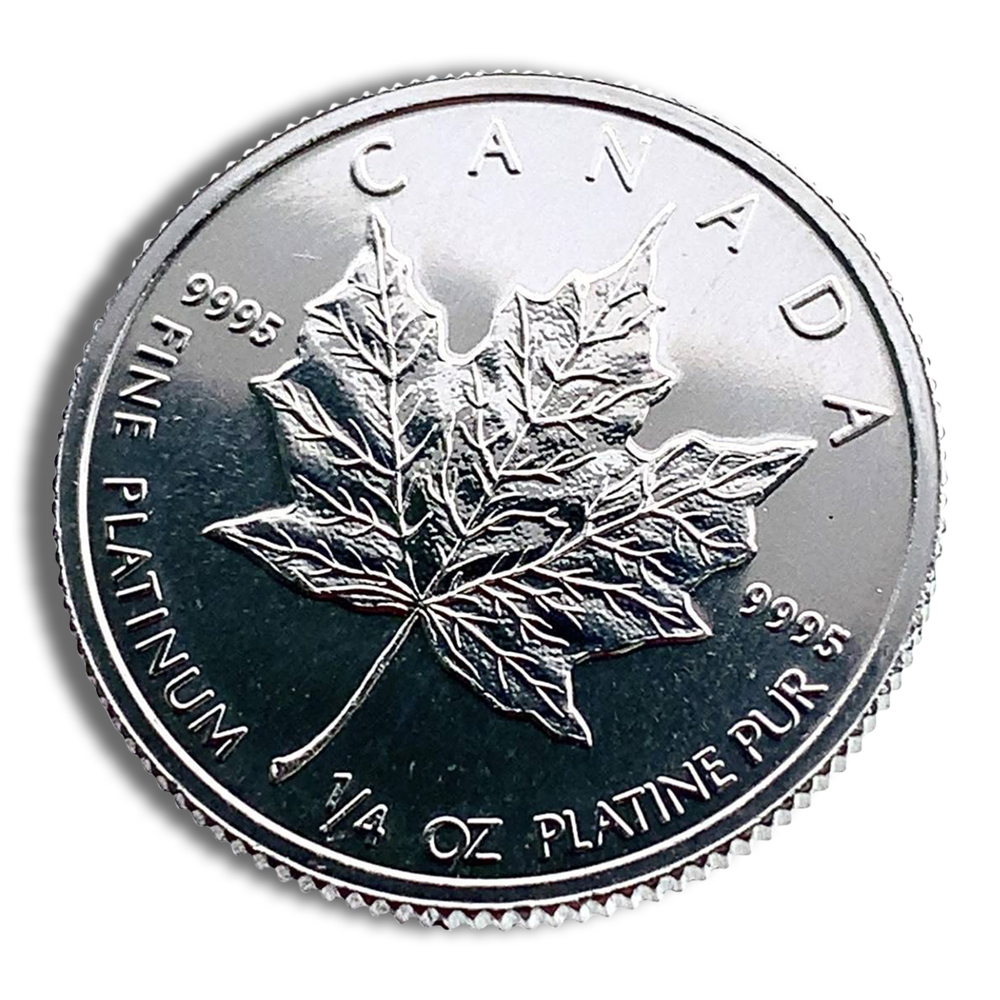 Platinum coin featuring a Canadian maple leaf design, labeled "Canada," with inscriptions indicating it is made of fine platinum and weighs 1/4 ounce.