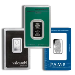 Three silver bullion bars from different mints, including Valcambi, PAMP, and another brand, each in protective packaging showcasing their weight and purity.