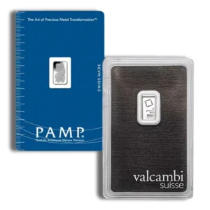 PAMP Suisse and Valcambi Suisse gold bullion bars displayed in protective packaging, showcasing high-quality precious metal investment options.