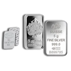 Three silver bars displayed, including two 5-gram bars marked with "999 Fine Silver" and one featuring a lion emblem, highlighting their high purity and investment value in precious metals.
