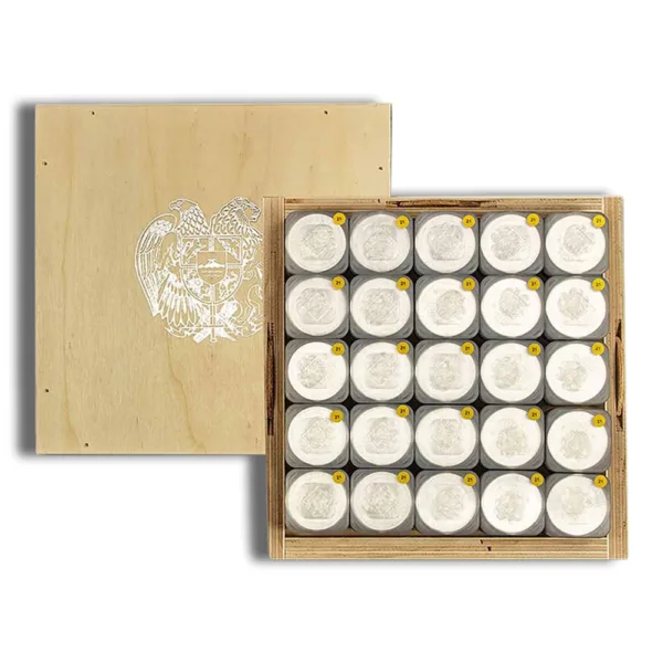 Wooden box containing 24 jars of cosmetic cream, partially opened to reveal the jars arranged in a grid pattern.