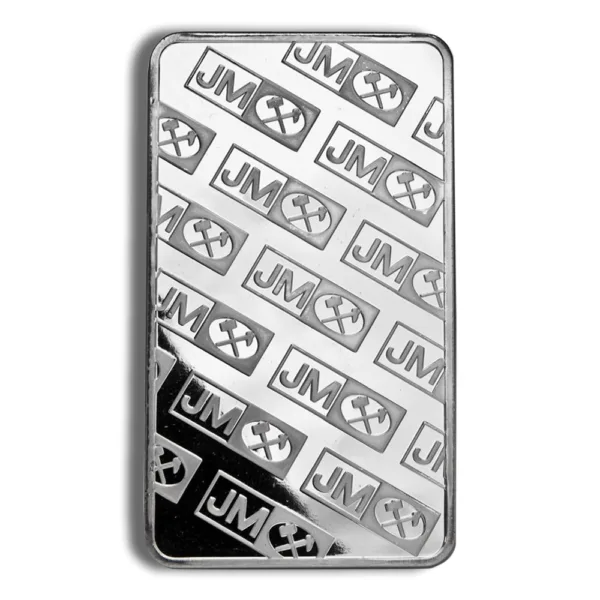 Silver bar with JM logo, featuring a patterned design showcasing the brand name, ideal for collectors and investment purposes.