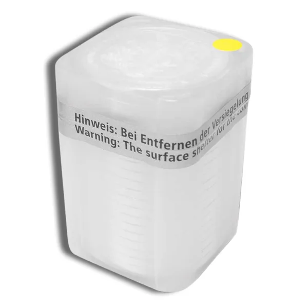 Transparent storage container with warning label, featuring a yellow dot on top, designed for safe storage and organization.
