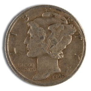 Vintage 1944 Mercury dime coin featuring the profile of Liberty with a winged cap, showcasing its worn surface and historical significance in American numismatics.
