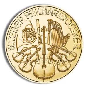 Gold coin featuring the Wiener Philharmoniker design, showcasing various musical instruments including violins, a harp, and a French horn, symbolizing classical music heritage.