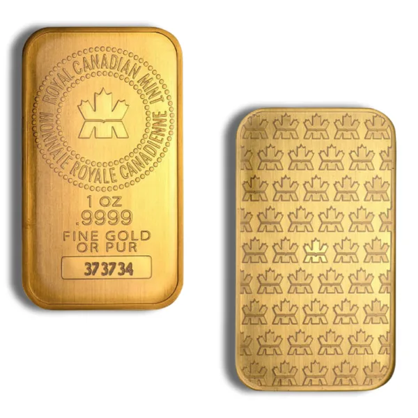 Gold bullion bar produced by the Royal Canadian Mint, featuring a weight of 1 ounce and a purity of .9999 fine gold, with distinctive engravings on both sides, including the mint's logo and serial number.