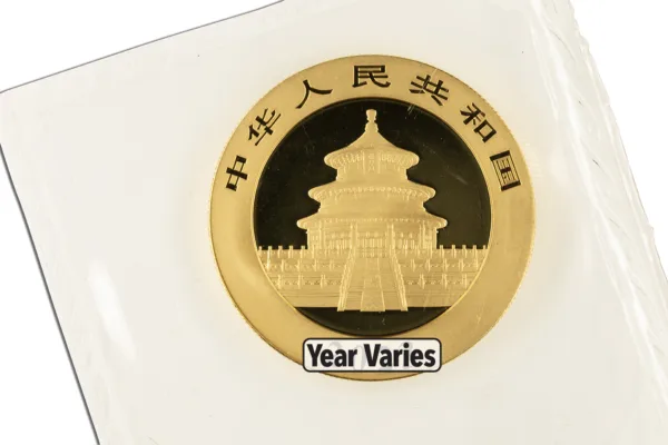 Gold coin featuring the Temple of Heaven, inscribed with Chinese characters and "Year Varies," representing Chinese currency.