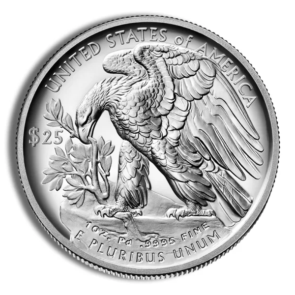 Silver coin featuring an eagle holding an olive branch, inscribed with "United States of America" and "E Pluribus Unum," valued at $25. Ideal for collectors and investors in numismatics.