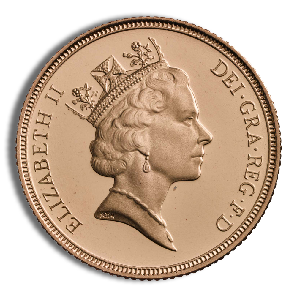 British coin featuring a profile of Queen Elizabeth II, with the inscription "DEI·GRA·REG·F·D" and a detailed crown design.