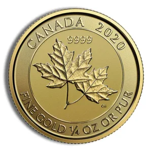 Gold coin featuring a maple leaf design, minted in Canada in 2020, with a weight of 1/4 oz and a purity of 9999 fine gold.