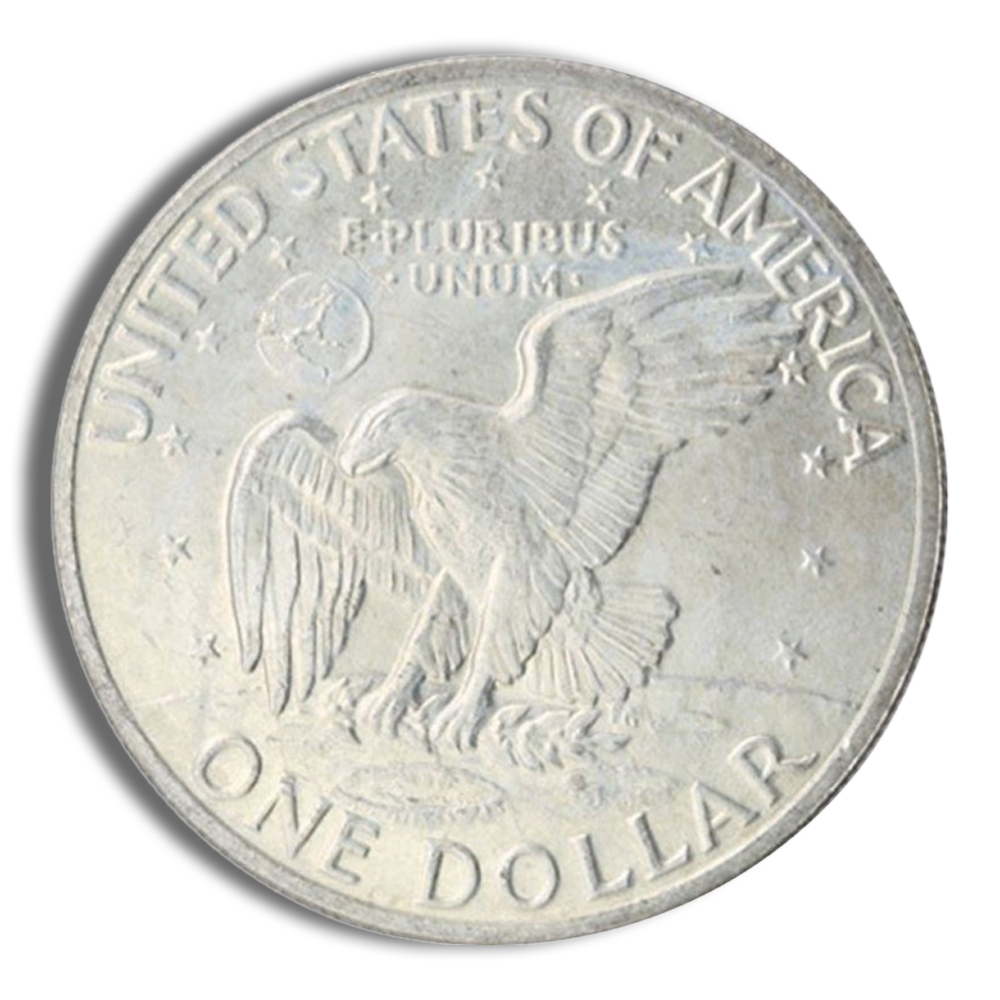 Close-up of a United States one dollar coin featuring an eagle design, with the inscription "E Pluribus Unum" and stars surrounding the eagle. The coin showcases the national symbol and represents American currency.