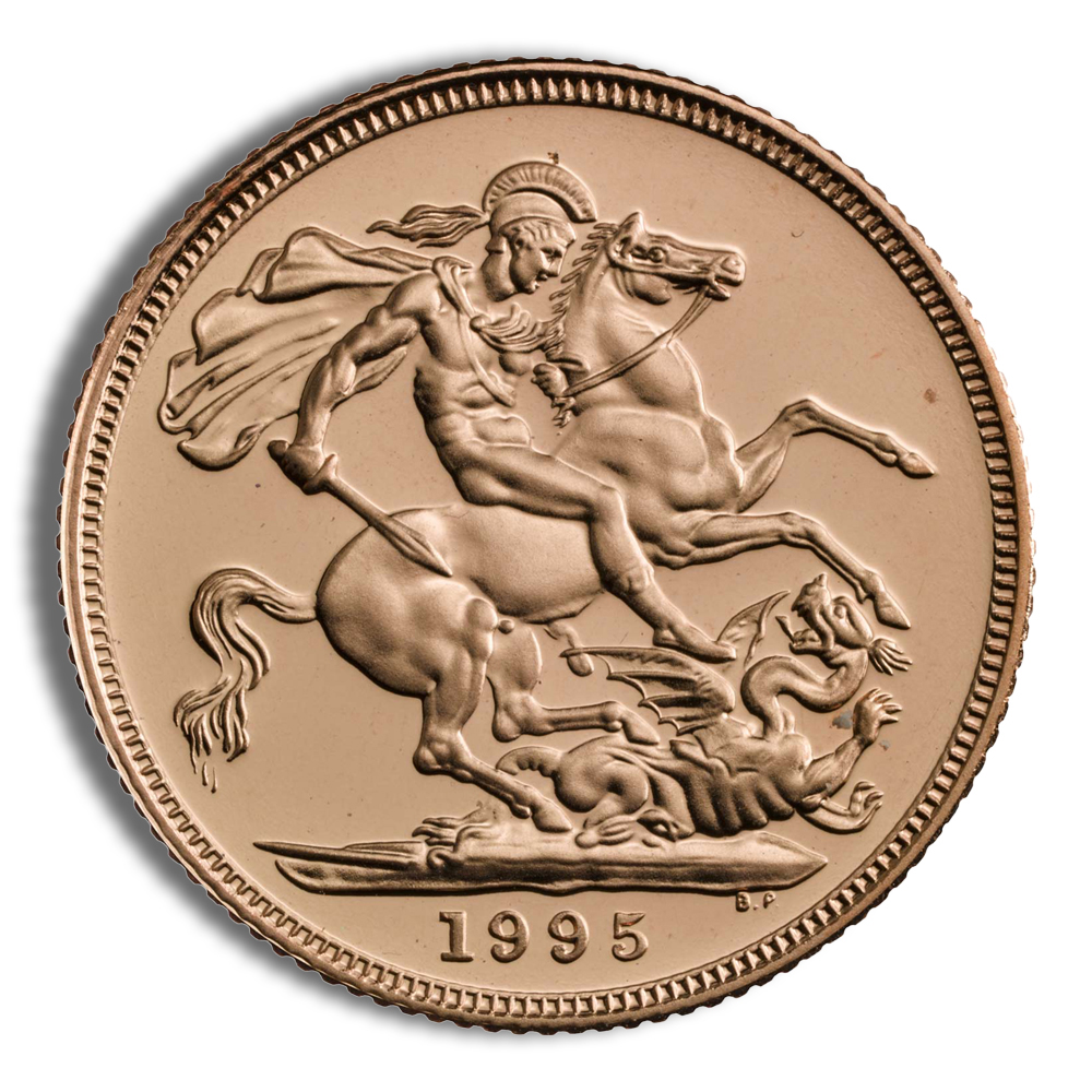 Gold coin featuring Saint George slaying a dragon, minted in 1995, with intricate details and a polished finish.