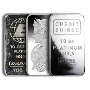 Three platinum bars are displayed, featuring one 10 oz bar from Credit Suisse and two others from Engelhard, showcasing their purity and weight specifications. The bars highlight the value of platinum as a precious metal investment.