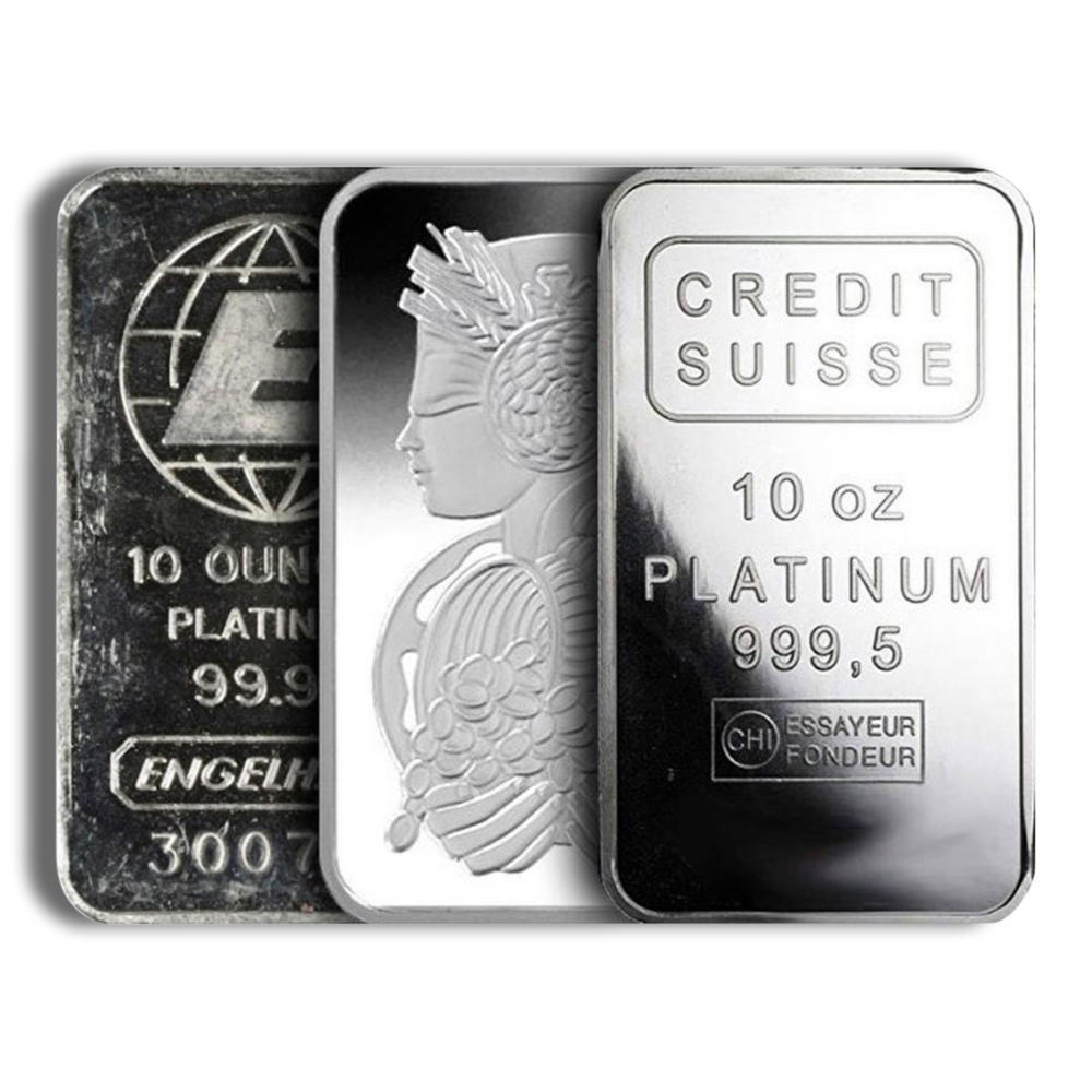 Three platinum bars are displayed, featuring one 10 oz bar from Credit Suisse and two others from Engelhard, showcasing their purity and weight specifications. The bars highlight the value of platinum as a precious metal investment.