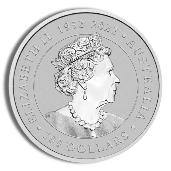 Silver coin featuring a profile of Queen Elizabeth II, commemorating her reign from 1952 to 2022, with inscriptions indicating its denomination of 10 dollars and origin, Australia.