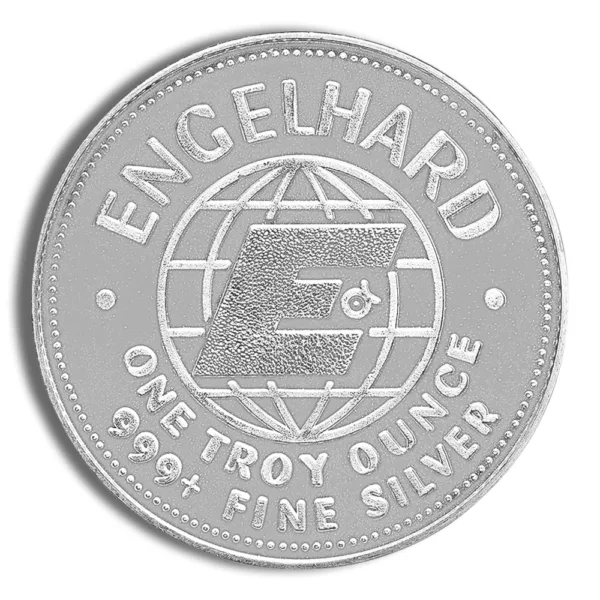 Engelhard silver coin featuring a globe design, marked with "One Troy Ounce" and "999+ Fine Silver," known for its investment value and collectible appeal.