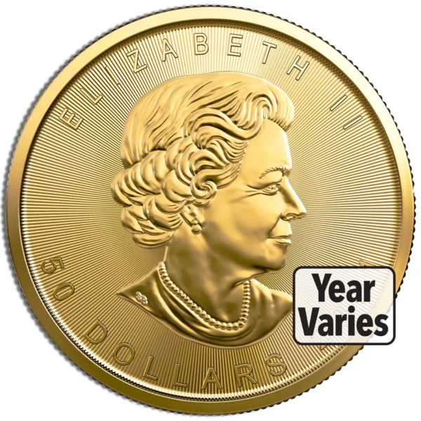 Gold coin featuring a profile of Queen Elizabeth II, marked with "50 DOLLARS" and "Year Varies," symbolizing its collectible value and historical significance.