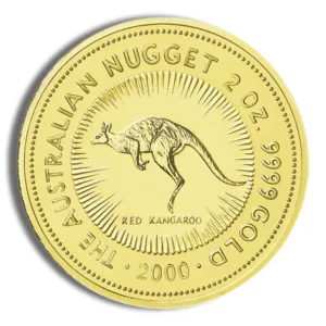 Gold coin featuring a kangaroo design, labeled "The Australian Nugget," weighing 2 ounces and minted in 2000 with a purity of 999.9 gold.