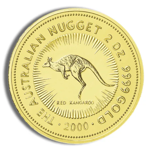 Gold coin featuring a kangaroo design, labeled "The Australian Nugget," weighing 2 ounces and minted in 2000 with a purity of 999.9 gold.