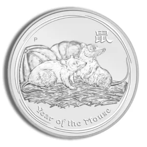Silver coin featuring two mice, symbolizing the Year of the Mouse, with intricate details and Chinese characters representing the zodiac sign.