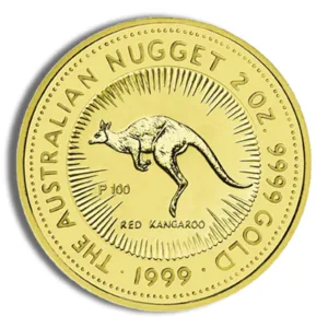 Gold Australian Nugget coin featuring a red kangaroo design, 2 oz, 9999 gold purity, minted in 1999.